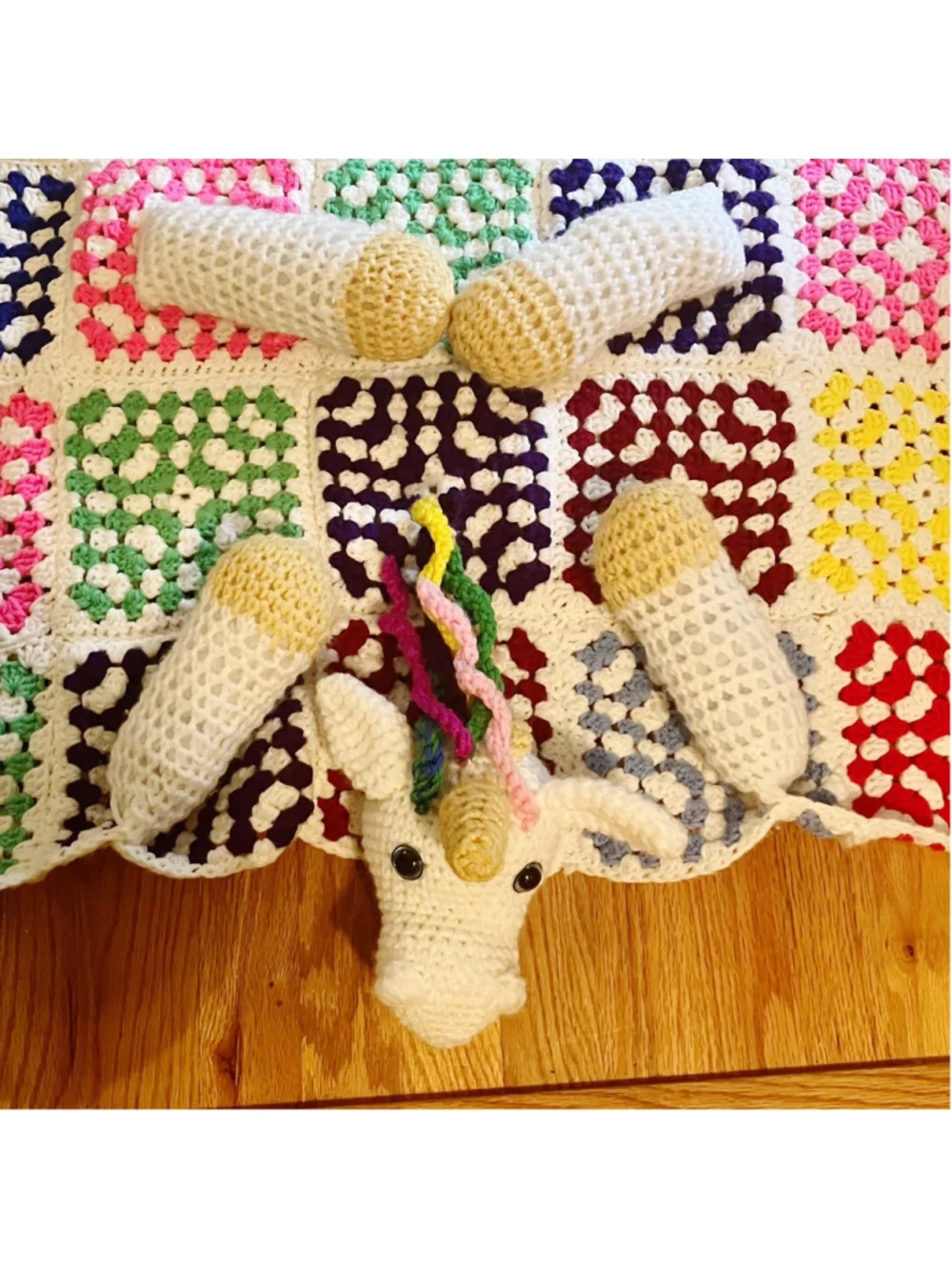 Handmade Crochet Amigurumi Unicorn Blanket Granny Squares 31” X 53” Multicolored